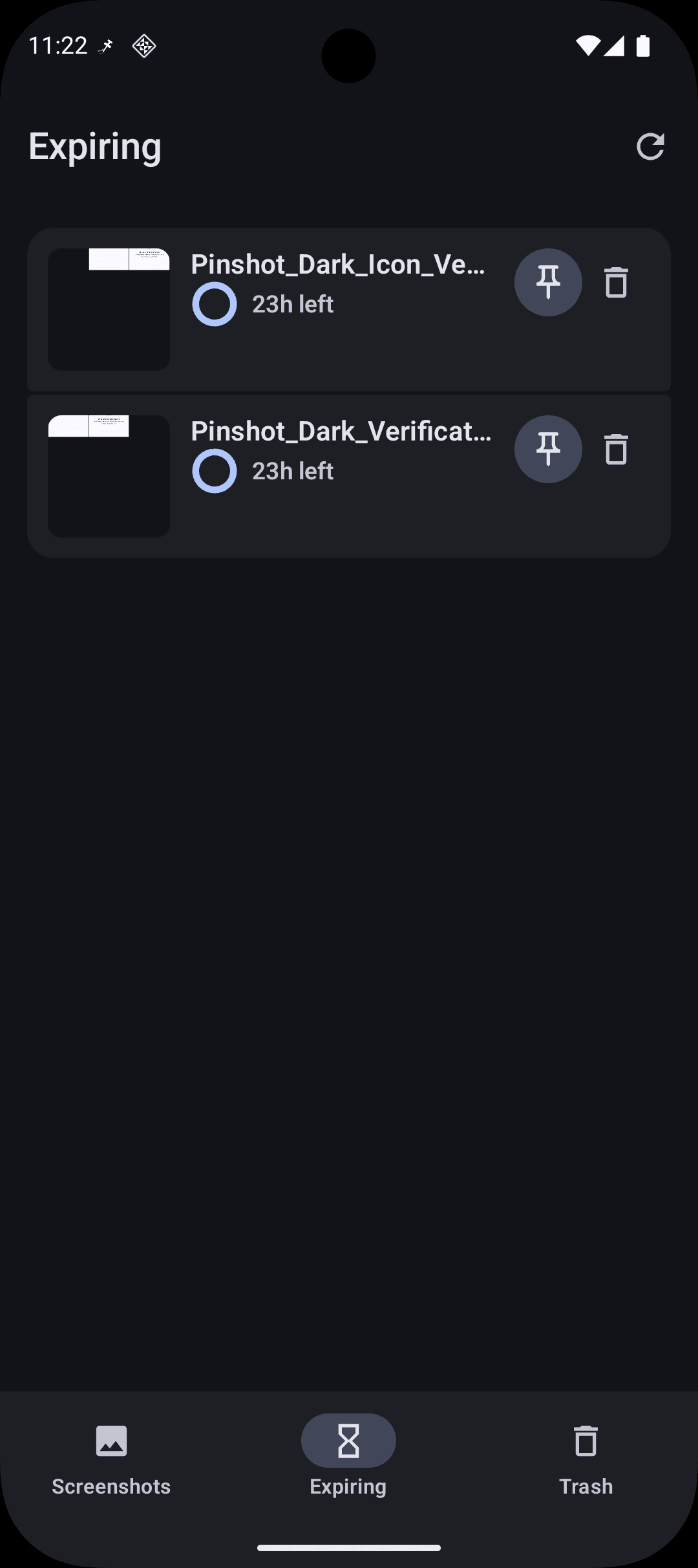 Pinshot expiring screen in dark mode