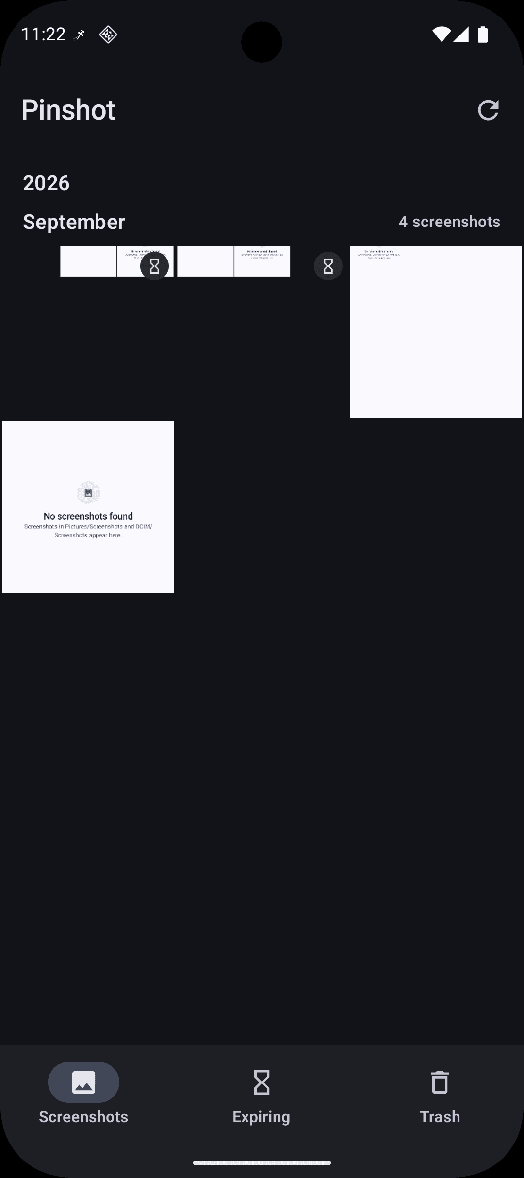 Pinshot gallery screen in dark mode