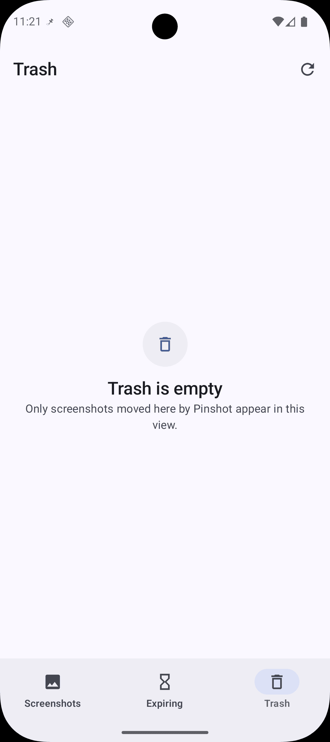 Pinshot trash screen in light mode
